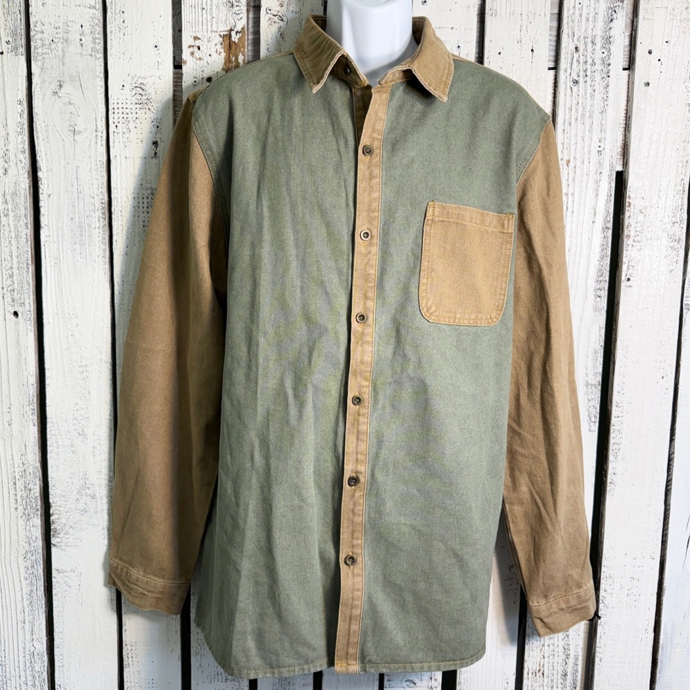 Manfinity Men XXL Button Up Shirt Green Tan Heavy Cotton Blend Longsleeve Work